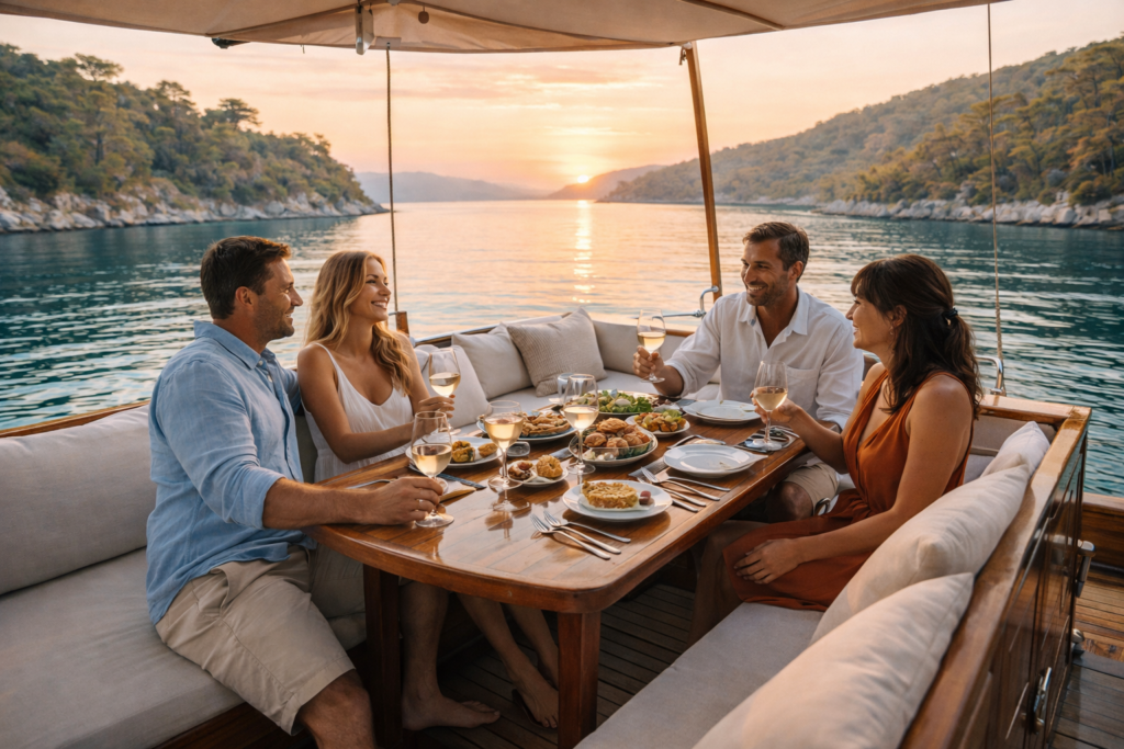 Guests enjoying dinner on the aft deck of a classic wooden Turkish gulet at sunset, anchored in a calm turquoise bay with pine-covered hills in the background.