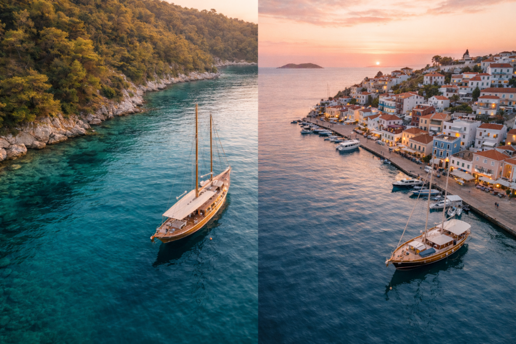 Happy family with two children relaxing on the deck of a wooden Turkish gulet anchored in a calm turquoise bay, with green pine-covered hills in the background.