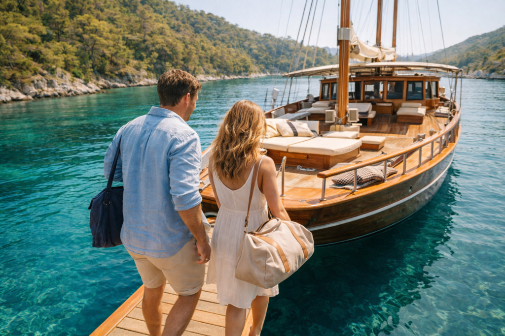 Couple boarding a classic wooden Turkish gulet in a calm turquoise bay on the Turkish coast, carrying soft duffel bags instead of hard suitcases.